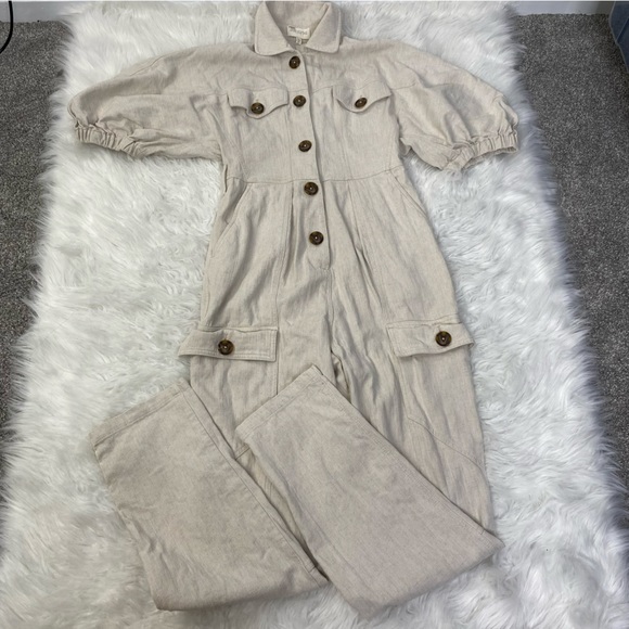 DIVINE HERITAGE XS Raglan Sleeve Utility Button-Down Jumpsuit Beige Linen Blend - Picture 5 of 16